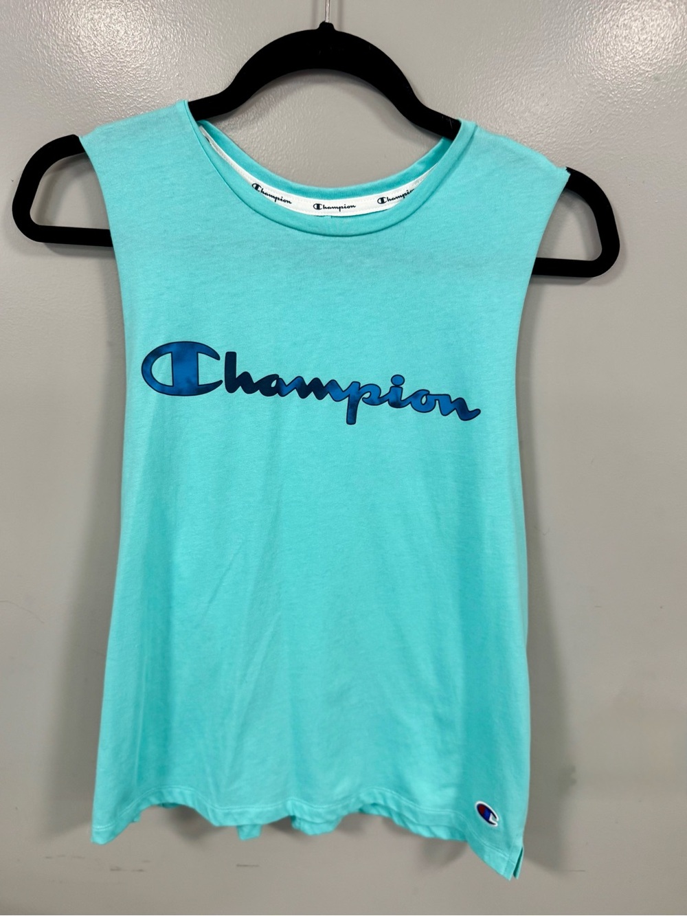 Champion Women's Aqua Muscle Tank with Navy Logo-Large
